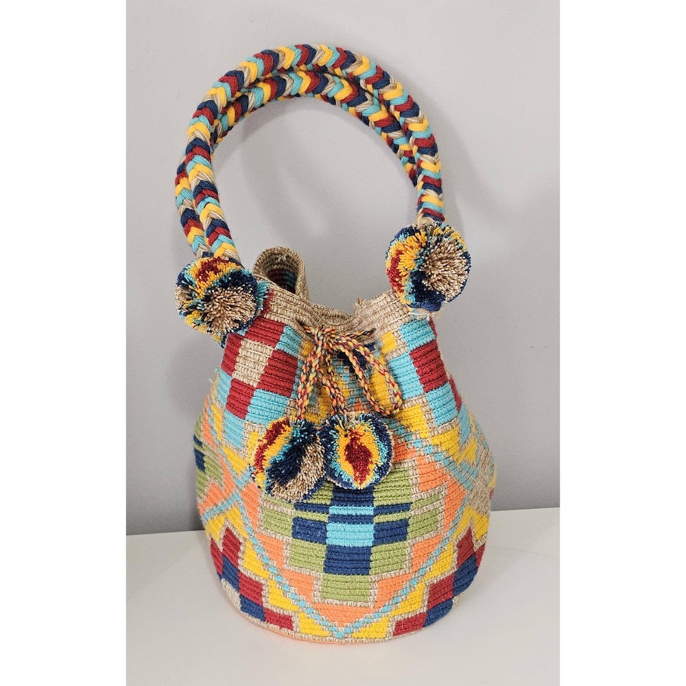 Handmade Wayuu Crochet Bag, Mochilla, Pom Pom, One of a Kind